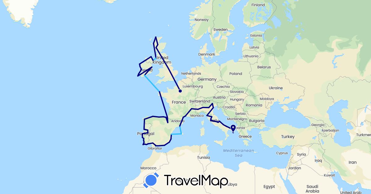 TravelMap itinerary: driving, boat in Spain, France, United Kingdom, Ireland, Italy, Portugal (Europe)